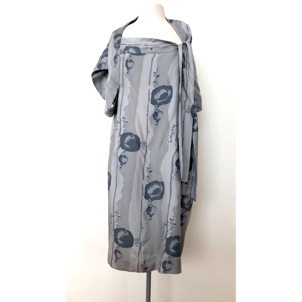 Huis Clos Runway Dress Midi Wrap Draped Baggy Loose 100% Silk Graphic Print NWOT